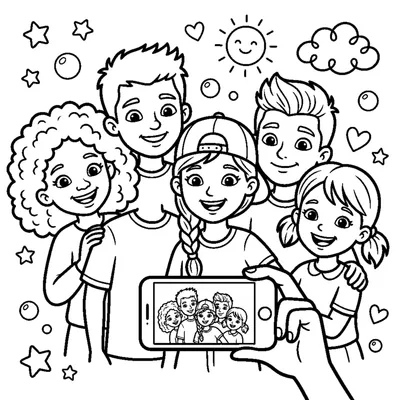 A group selfie of five friends with different hair and skin colors