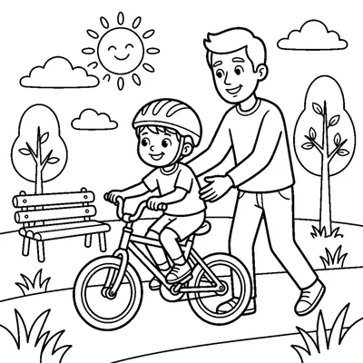 A proud child learning to ride a bike with their dad