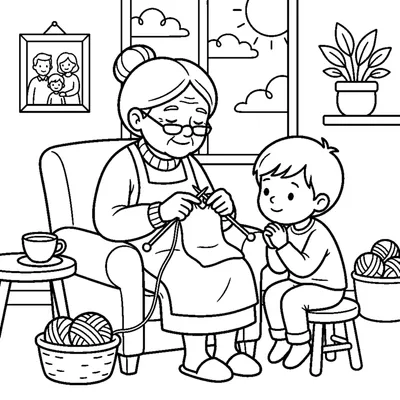 A patient grandchild watching their grandmother knit