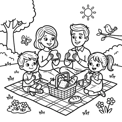 A family enjoying a meal together on the grass during a picnic