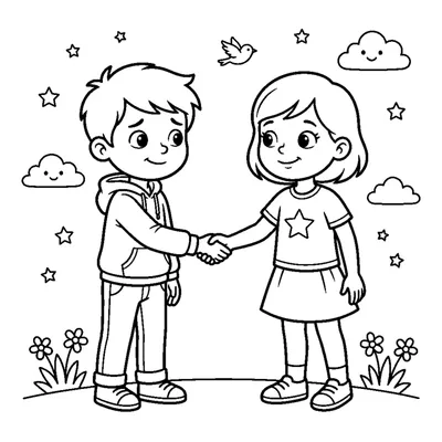 A shy child meeting a new friend and shaking hands for the first time
