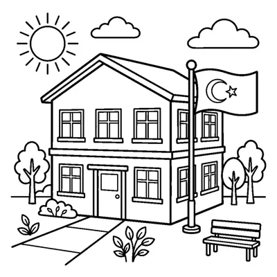 École primaire de deux étages avec jardin et mât de drapeau