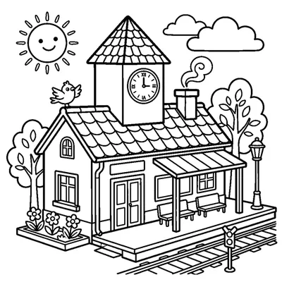 A small train station with a platform and a clock tower