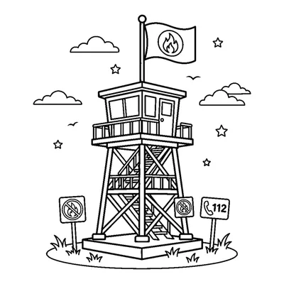 A fire watchtower with a pole and a sign