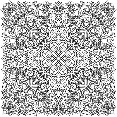 Mandala simétrico con corazones y hojas entrelazados