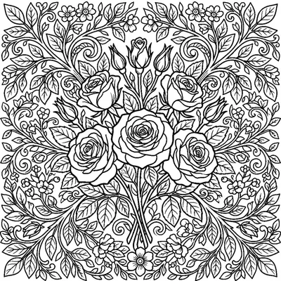 Symmetrischer Strauß mit blühenden Rosen und Knospen