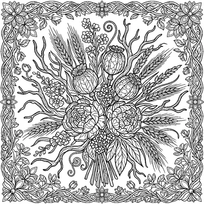 Bouquet de fleurs séchées : épis, cosses de pivoine et branches