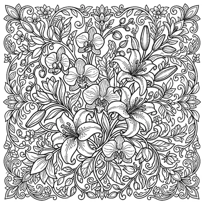 Bouquet exotique de lys et d'orchidées, tiges courbées et pétales élégants