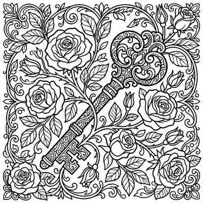 Chave antiga com ramo de rosas, tema de jardim secreto romântico