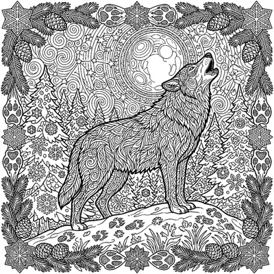 Wolf howling at the moon in a snowy pine forest
