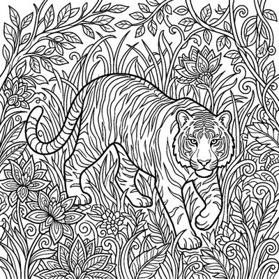 Bengal tiger with striped fur hiding in tall grass