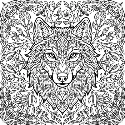 Mandala della natura selvaggia con una testa di lupo dalla criniera dettagliata