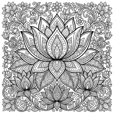 Mandala de lótus gigante com pétalas cheias de padrões zentangle em espiral