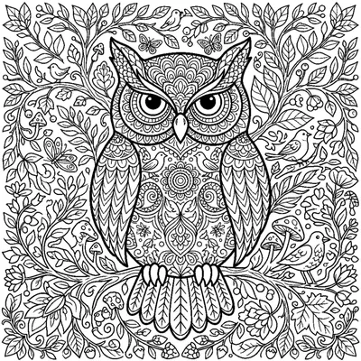 Silhouette de hibou avec des mandalas et des plumes entrelacés