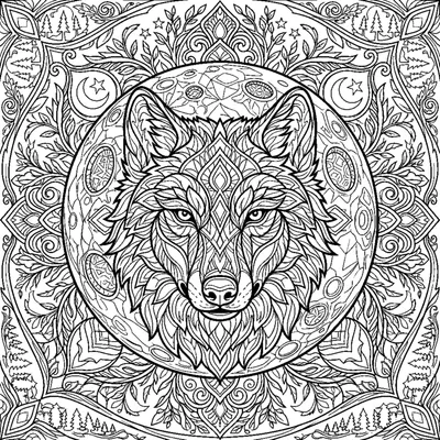 Wolf head with a geometric mandala and a full moon