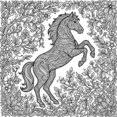 Rearing horse silhouette with flowing zentangle wave patterns