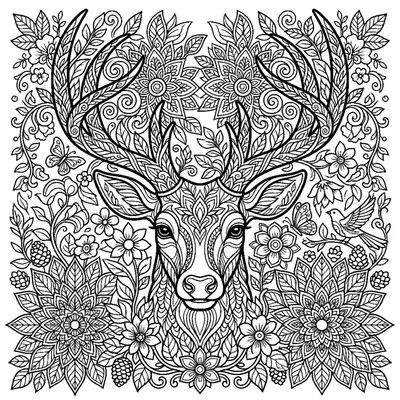 Deer head with leaf and swirl mandalas in its antlers