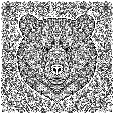 Bear face with dense spiral and flower mandala patterns in its fur