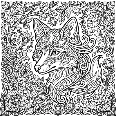 Fox head with ornate swirling lines