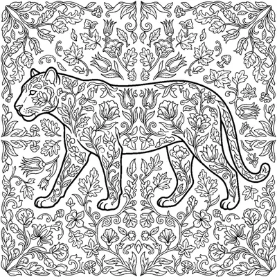 Panther silhouette filled with a symmetrical flower and leaf pattern