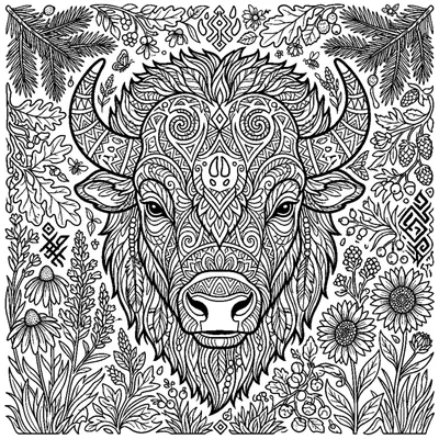 Bison head with intricate tribal patterns on its forehead and mane