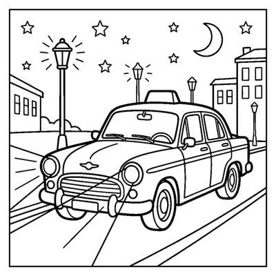 Taxi at night with headlights on