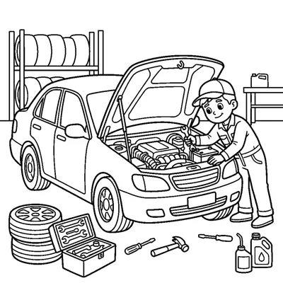 Car under repair with an open hood