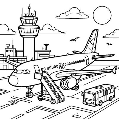 Avion à l'aéroport avec sa tour de contrôle