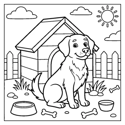 Cachorro sentado em frente à sua casinha