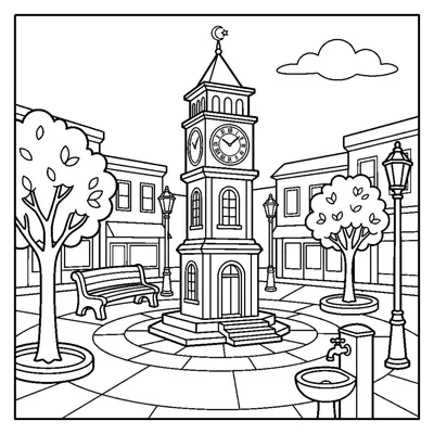 Piazza della città con torre dell'orologio