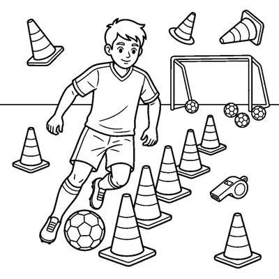 Fußballer trainiert mit Hütchen
