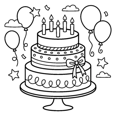 Birthday cake with candles and balloons