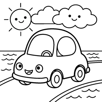 Cute little car driving by the sea
