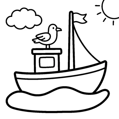 Adorable bateau de pêche avec une mouette sur son mât