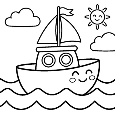 Pequeno navio sorridente a navegar no mar calmo