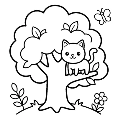Adorable arbre avec un petit chat qui grimpe dessus
