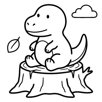 Chubby dinosaur sitting on a big tree stump