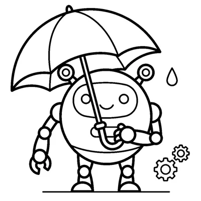 Robot redondo y sonriente con su paraguas abierto