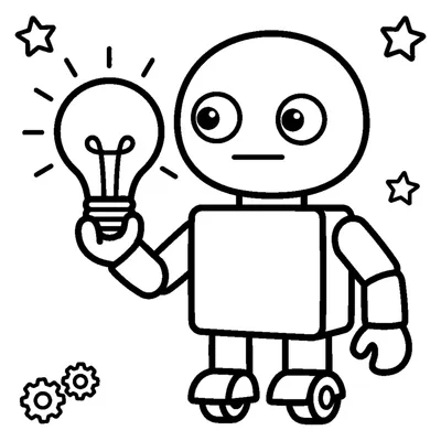 Curious little robot holding a glowing lightbulb