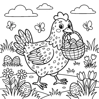 Happy spotted chicken carrying an egg