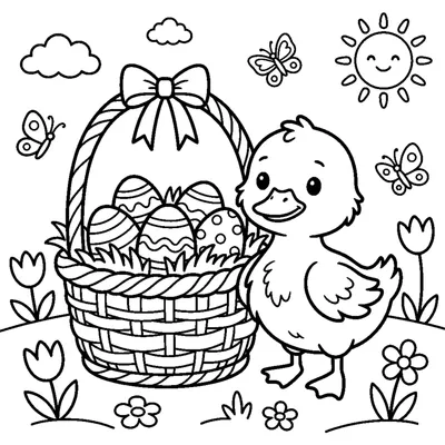 Cute duckling standing by a basket