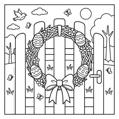 Spring wreath hanging on a garden gate