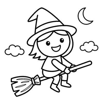 Cheerful little witch on her broom