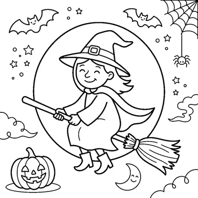 Witch flying on her broomstick in front of the moon