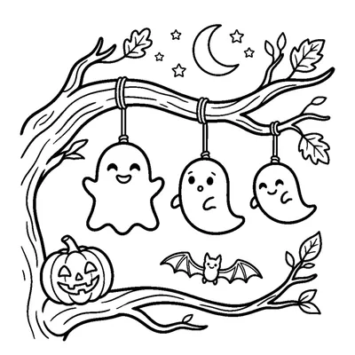 Little ghosts hanging from a tree branch