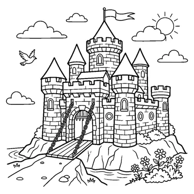 Stone castle with towers and a drawbridge