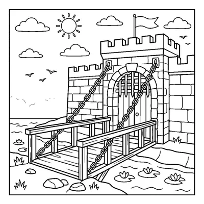 Wooden castle drawbridge with chains