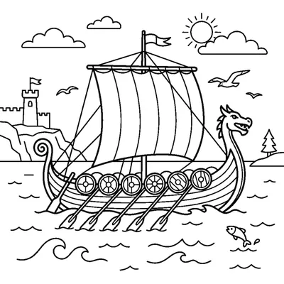 Long Viking boat with oars