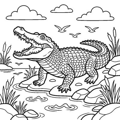 Crocodilo de boca aberta à beira da água