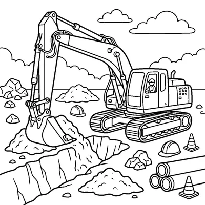Long-armed backhoe digging a trench